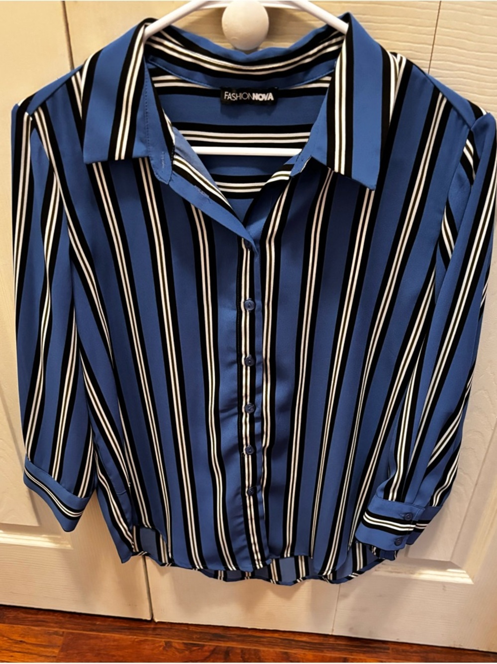 Fashion Nova Royal Blue, Black & White Vertical Stripe Button-Down Shirt